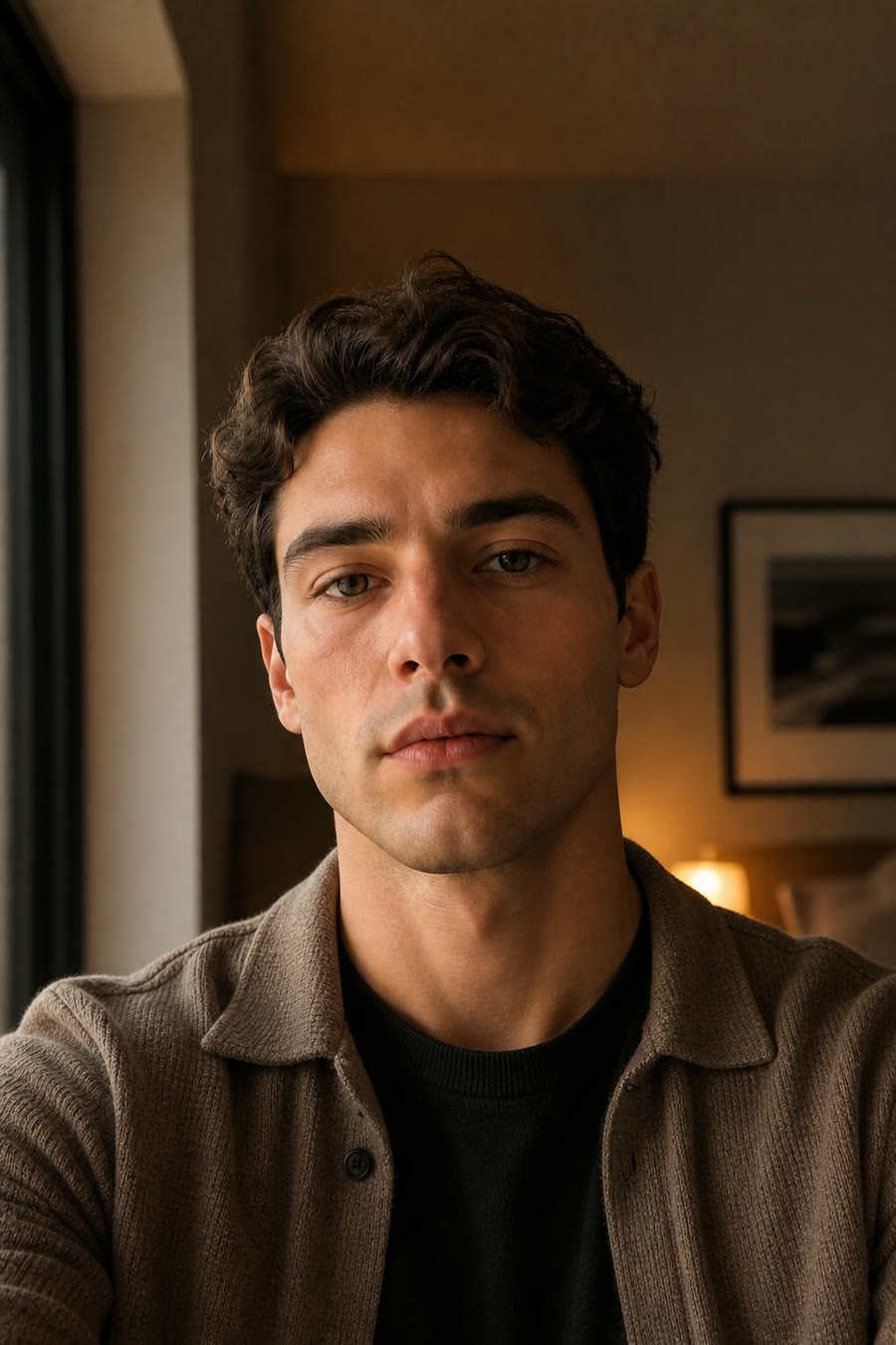 Date: taupe ribbed wool overshirt, black crew tee.