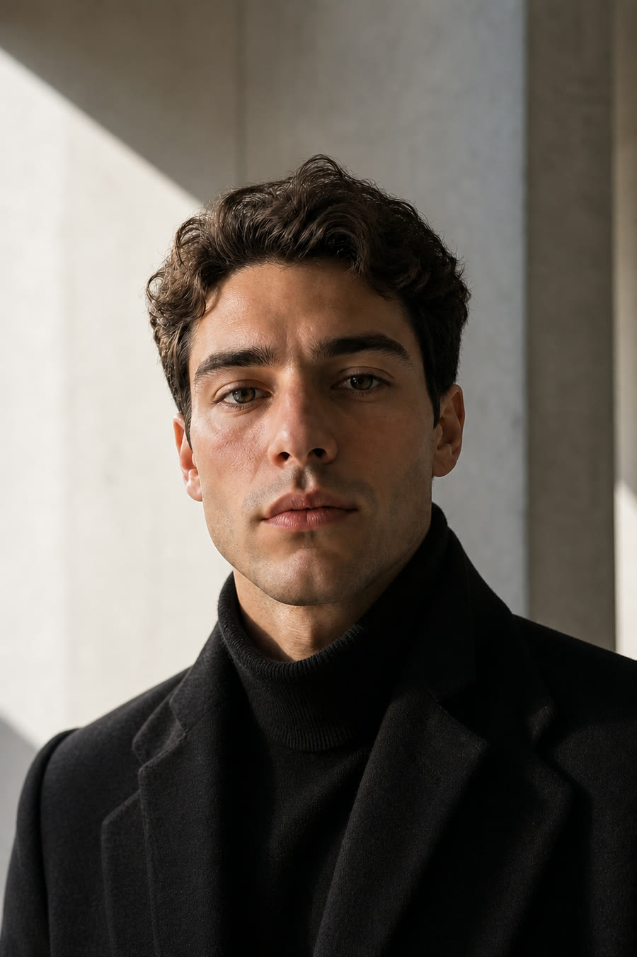 Editorial: charcoal wool overcoat over a black fine-gauge turtleneck.