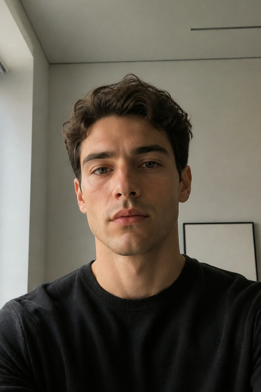 The same man unstyled, in a black crew neck tee under flat overhead light.